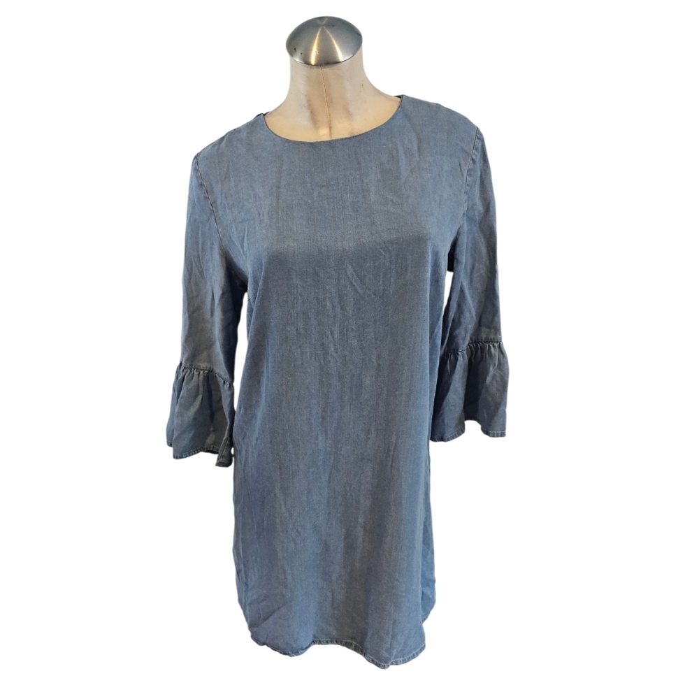 Zara Size M Blue Chambray Shift Dress With Bell Sleeves